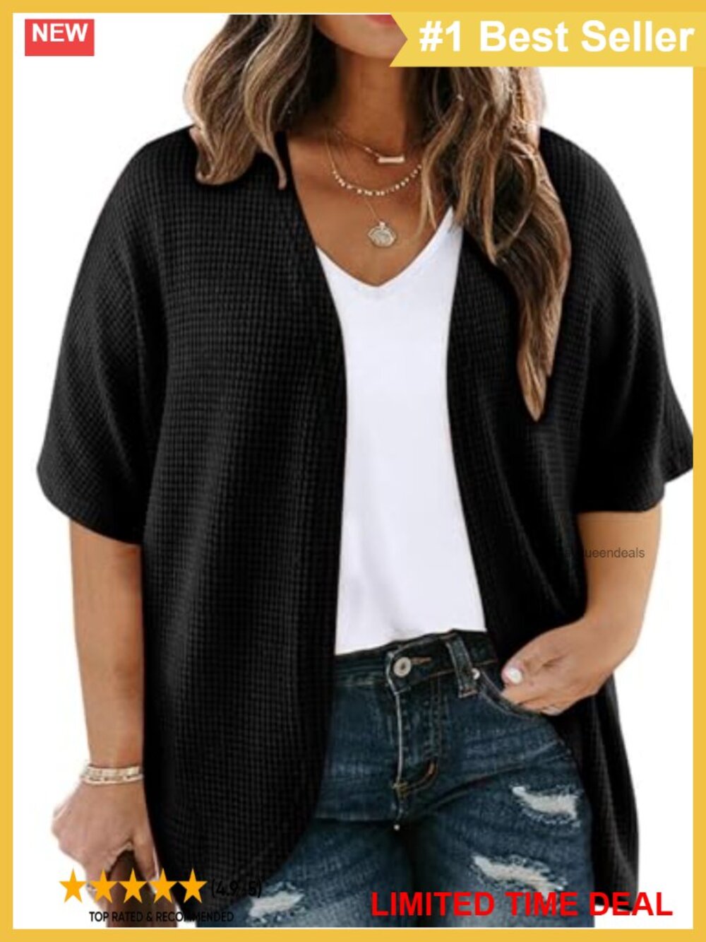 Plus Size Waffle Knit Cardigan Short Sleeve Kimono Swim Cover Up